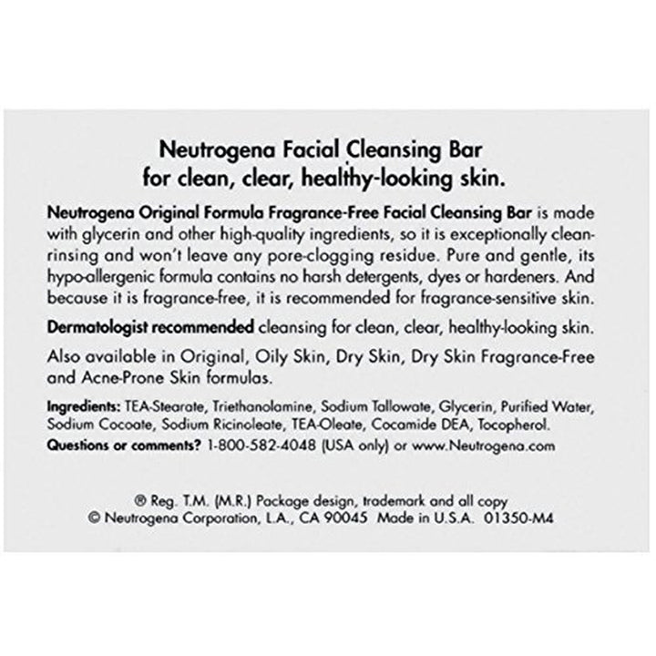 Neutrogena Original Fragrance-Free Facial Cleansing Bar with Glycerin, Pure & Transparent Gentle Face Wash Bar Soap, Free of Harsh Detergents, Dyes & Hardeners, 3.5 Oz