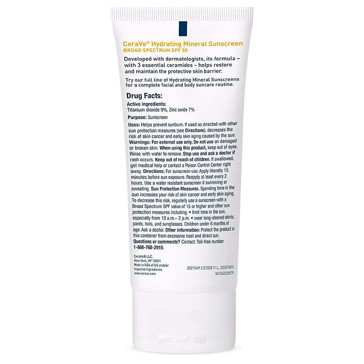 Cerave 100% Mineral Sunscreen SPF 50, Face Sunscreen with Zinc Oxide & Titanium Dioxide, Hyaluronic Acid + Niacinamide + Ceramides, Oil Free, Travel Size 2.5 Oz