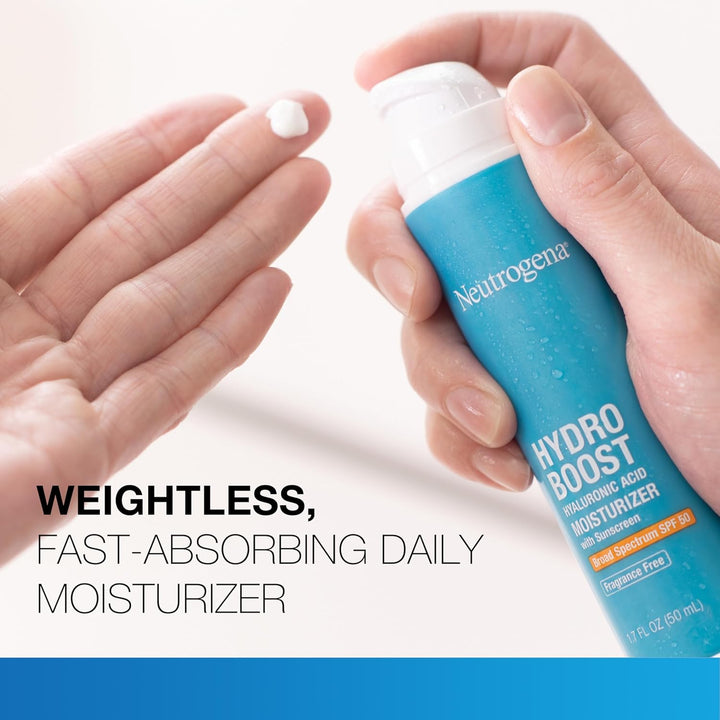 Neutrogena Hydro Boost Hyaluronic Acid Face Moisturizer with Sunscreen, Broad Spectrum SPF 50, Fragrance Free Facial Moisturizer to Hydrate & Soothe Dry Skin, 1.7 Fl. Oz