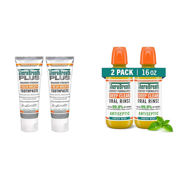 Therabreath plus Maximum Strength Fresh Breath Toothpaste with Zinc and Xylitol (Pack of 2) and Therabreath Antigingivitis Alcohol Free Deep Clean Mouthwash (Pack of 2)