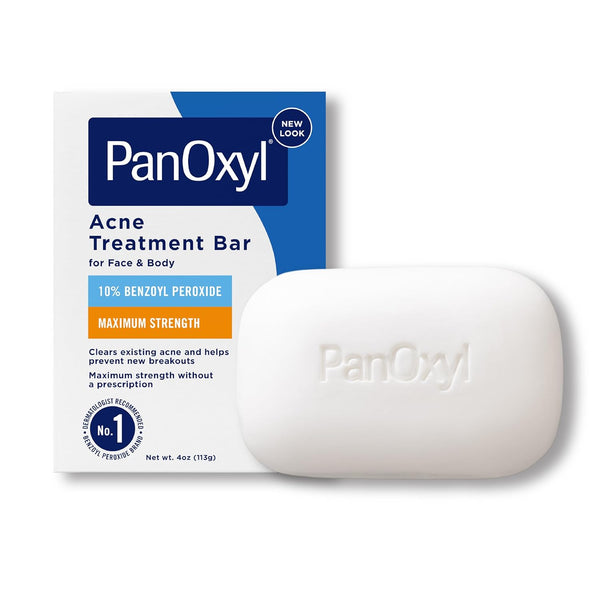 Panoxyl Acne Treatment Bar with 10% Benzoyl Peroxide, Maximum Strength Bar Soap for Face, Chest and Back, Benzoyl Peroxide Soap Body Wash, Vegan, for Acne Prone Skin, 4 Oz