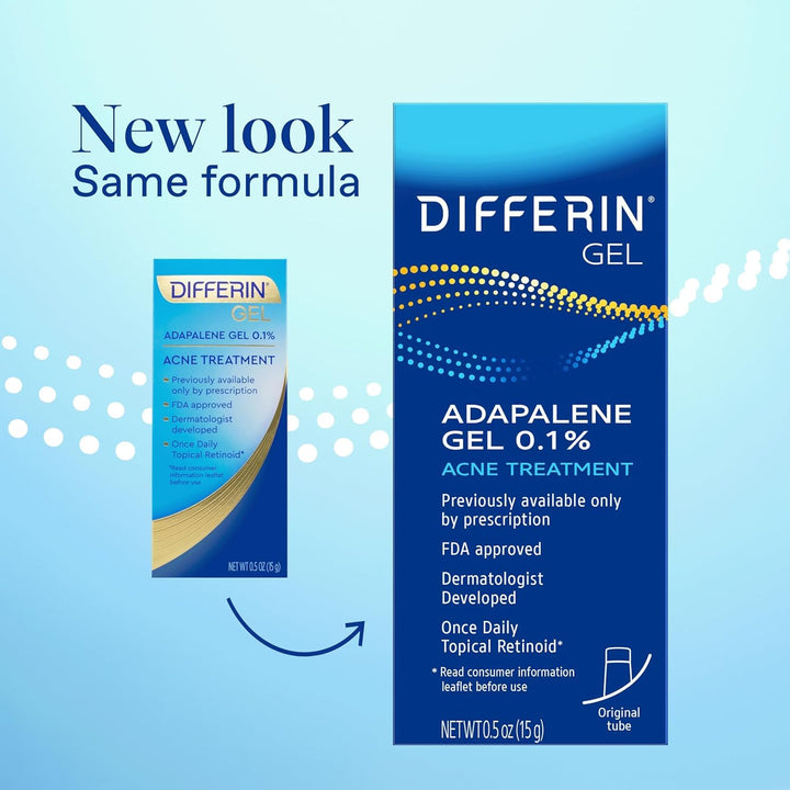 Differin Acne Treatment Gel, 30 Day Supply, Retinoid Treatment for Face with 0.1% Adapalene, Gentle Skin Care for Acne Prone Sensitive Skin, 15G Tube (Packaging May Vary)