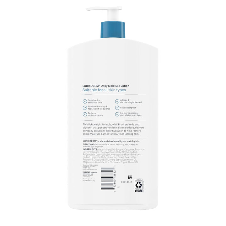 Lubriderm Daily Moisture Lotion + Pro-Ceramide with Shea Butter and Glycerin Helps Moisturize Dry Skin, Hydrating Face, Hand and Body Lotion, Lightly Scented, Non-Greasy, 24 FL OZ