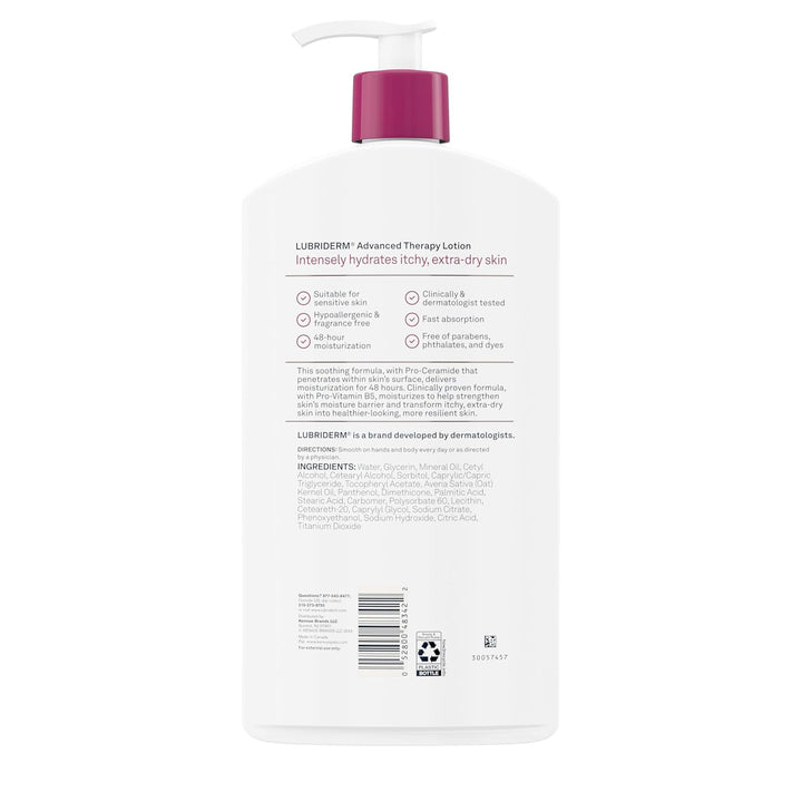 Lubriderm Advanced Therapy Fragrance Free Hand & Body Lotion + Pro-Ceramide, Intense Hydration for Itchy, Extra Dry, & Sensitive Skin, Non-Greasy, Hypoallergenic, Value Size, 32 Fl. Oz