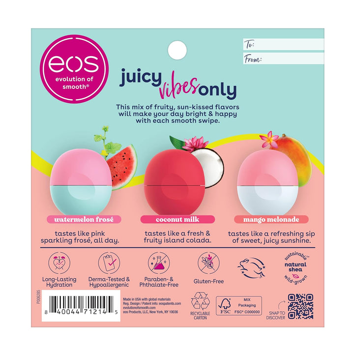Eos Juicy Vibes Lip Balm Variety Pack- Watermelon Frosé, Mango Melonade & Coconut Milk, All-Day Moisture Lip Care Products, 0.25 Oz, 3-Pack
