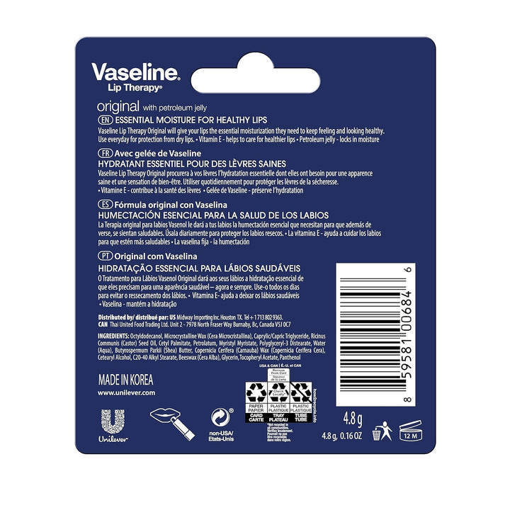 Vaseline Lip Therapy Care Original, Fast-Acting Nourishment, Ideal for Chapped, Dry, Cracked, or Damaged Lips, Lip Balm, 0.16 Ounce (Pack of 4)