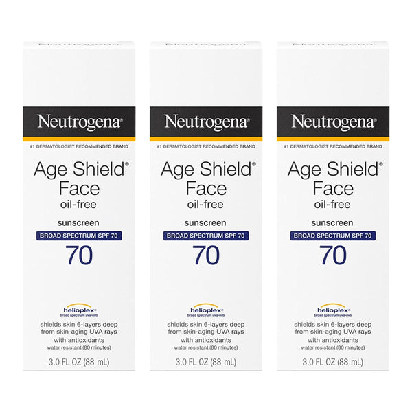 Neutrogena Age Shield Face Oil-Free Sunscreen Lotion with Broad Spectrum SPF 70, Non-Comedogenic Moisturizing Sunscreen to Help Prevent Signs of Aging, Paba-Free, 3 Fl. Oz (Pack of 3)