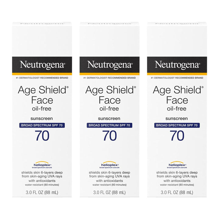 Neutrogena Age Shield Face Oil-Free Sunscreen Lotion with Broad Spectrum SPF 70, Non-Comedogenic Moisturizing Sunscreen to Help Prevent Signs of Aging, Paba-Free, 3 Fl. Oz (Pack of 3)