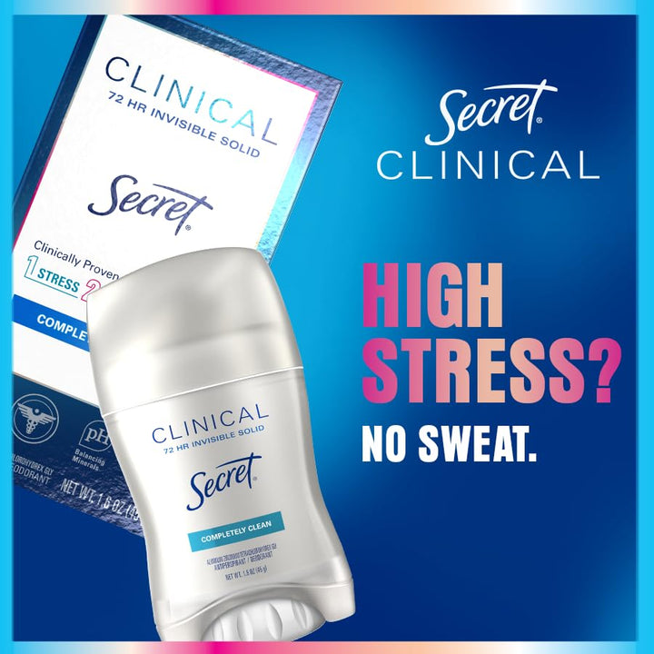 Secret Clinical Strength Antiperspirant Deodorant for Women, 3X Stress Protection, 72Hr Sweat & Odor Protection, PH Balancing Minerals, Invisible Solid, Completely Clean Scent, 2.6 Oz