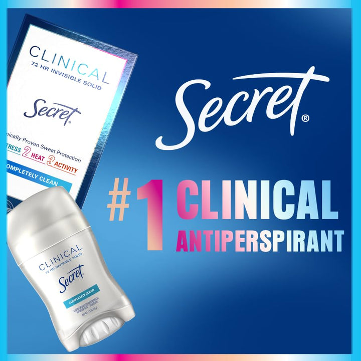 Secret Clinical Strength Antiperspirant Deodorant for Women, Free & Sensitive, 3X Stress Protection, 72Hr Sweat & Odor Protection, PH Balancing Minerals, Invisible Solid, Unscented, 1.6 Oz (Pack of 3)