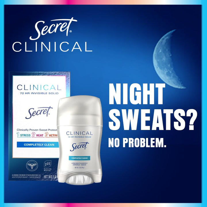 Secret Clinical Strength Antiperspirant Deodorant for Women, Free & Sensitive, 3X Stress Protection, 72Hr Sweat & Odor Protection, PH Balancing Minerals, Invisible Solid, Unscented, 1.6 Oz (Pack of 3)