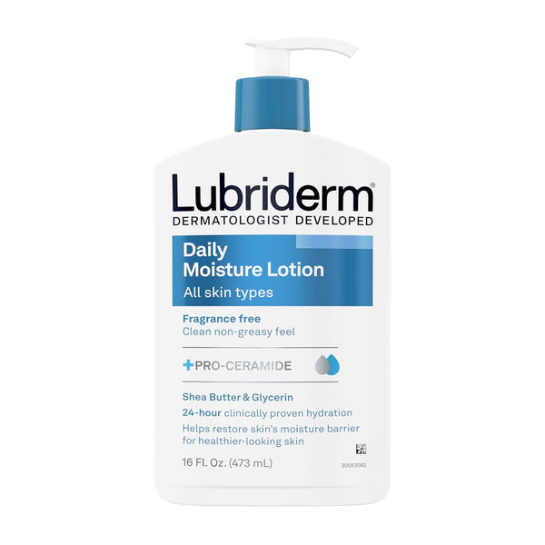 Lubriderm Fragrance Free Daily Moisture Lotion + Pro-Ceramide, Shea Butter & Glycerin, Face, Hand & Body Lotion for Sensitive Skin, Hydrating Lotion for Healthier-Looking Skin, 16 Fl. Oz