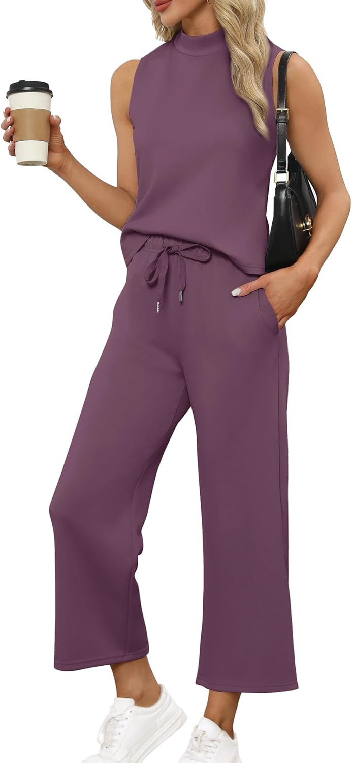 SAMPEEL Two Piece Sets for Women Summer Outfits Lounge Sets Mock Neck Tops Wide Leg Crop Pants Vacation Travel Outfits