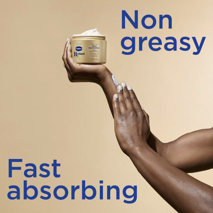 Vaseline Radiant X Deep Nourishment Body Cream 100% Pure Shea Butter, Coconut Oil, Vitamin C, & Peptides 10 Oz