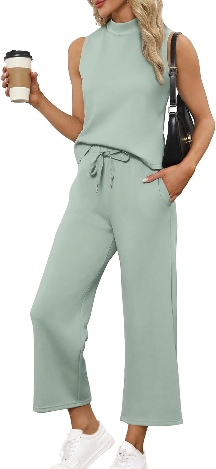 SAMPEEL Two Piece Sets for Women Summer Outfits Lounge Sets Mock Neck Tops Wide Leg Crop Pants Vacation Travel Outfits
