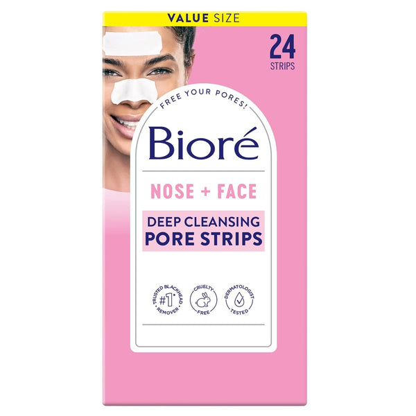 Bioré Nose+Face Blackhead Remover Strips, Deep Cleansing Strips for Nose, Chin, or Forehead, Instant Blackhead Removal and Pore Unclogging, Oil-Free, Non-Comedogenic Use, Value Size 24 Count