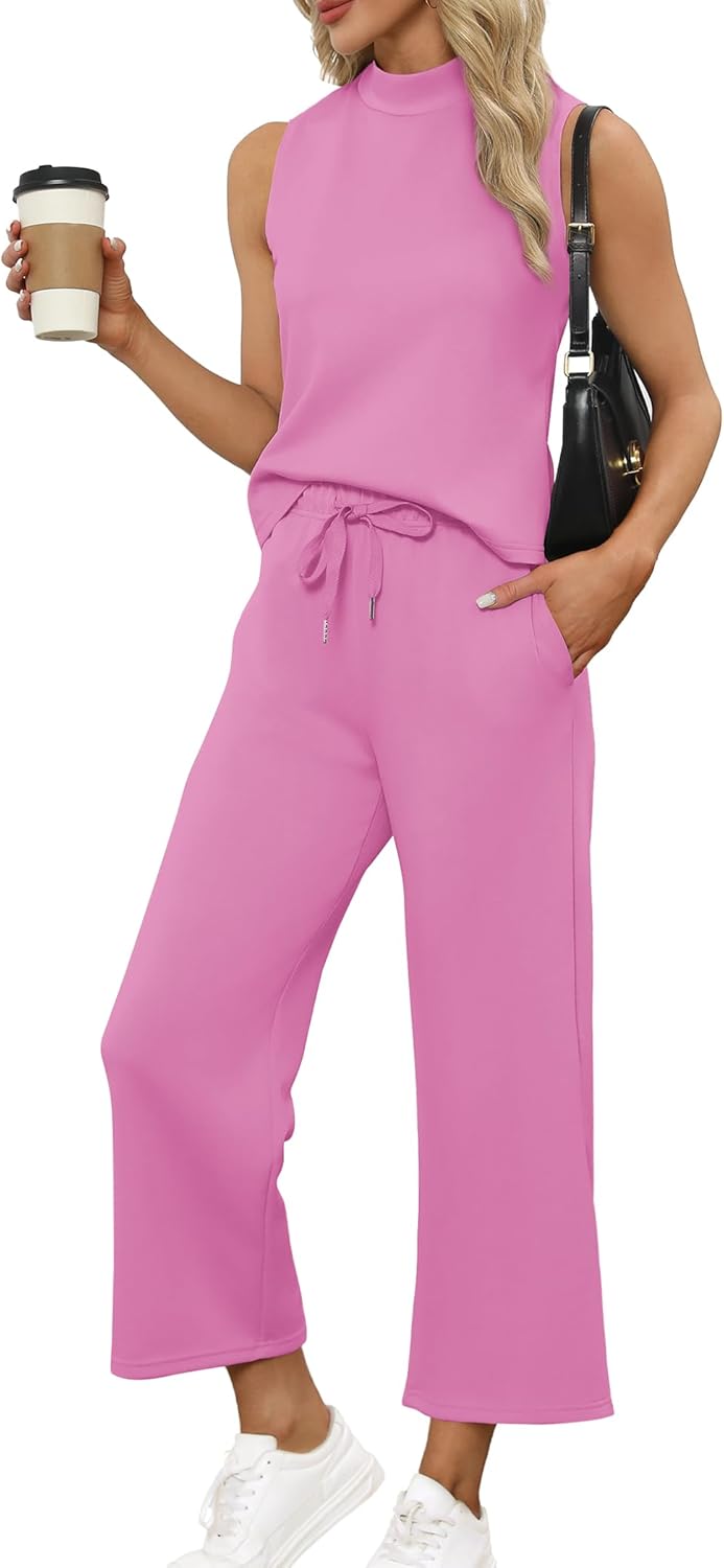 SAMPEEL Two Piece Sets for Women Summer Outfits Lounge Sets Mock Neck Tops Wide Leg Crop Pants Vacation Travel Outfits