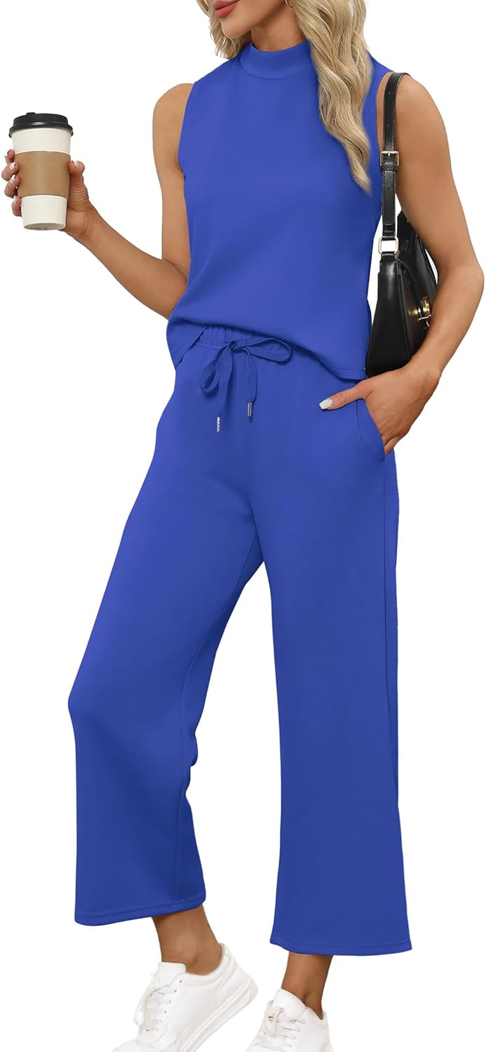 SAMPEEL Two Piece Sets for Women Summer Outfits Lounge Sets Mock Neck Tops Wide Leg Crop Pants Vacation Travel Outfits