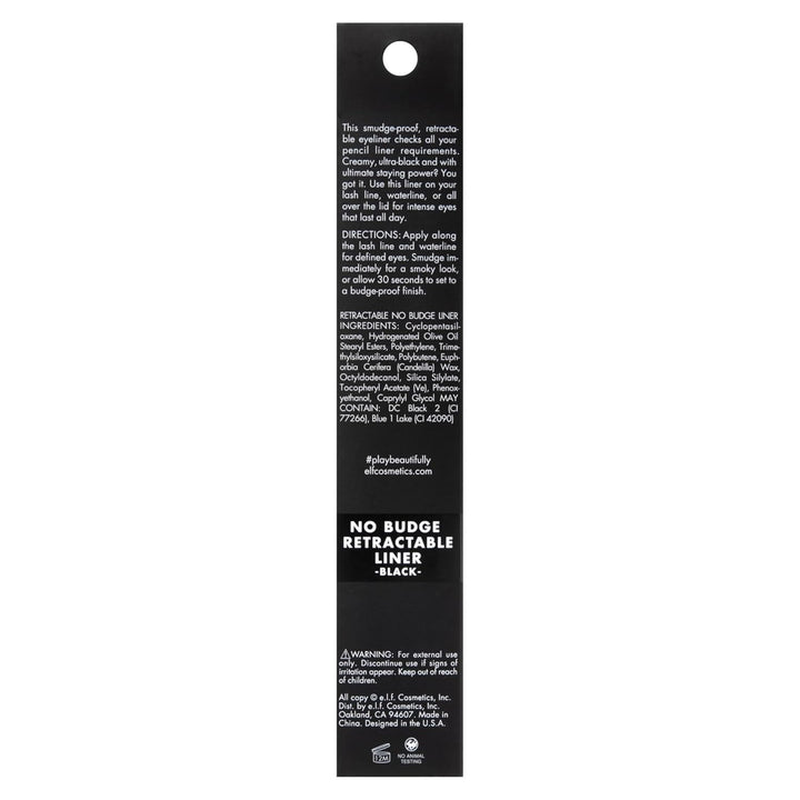 E.L.F. No Budge Retractable Eyeliner, Creamy, Ultra-Pigmented & Waterproof, Creates Bold & Defined Lines, Vegan & Cruelty-Free, Black