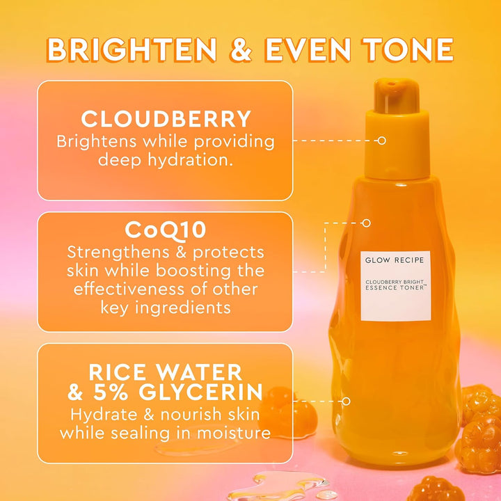 Glow Recipe Cloudberry Brightening Toner + Essence Skincare - Coq10 Face Toner to Strengthen Skin Barrier + Hydrating Rice Water, Vitamin C, E & 5% Glycerin to Soften & Even Skin Tone (75Ml)
