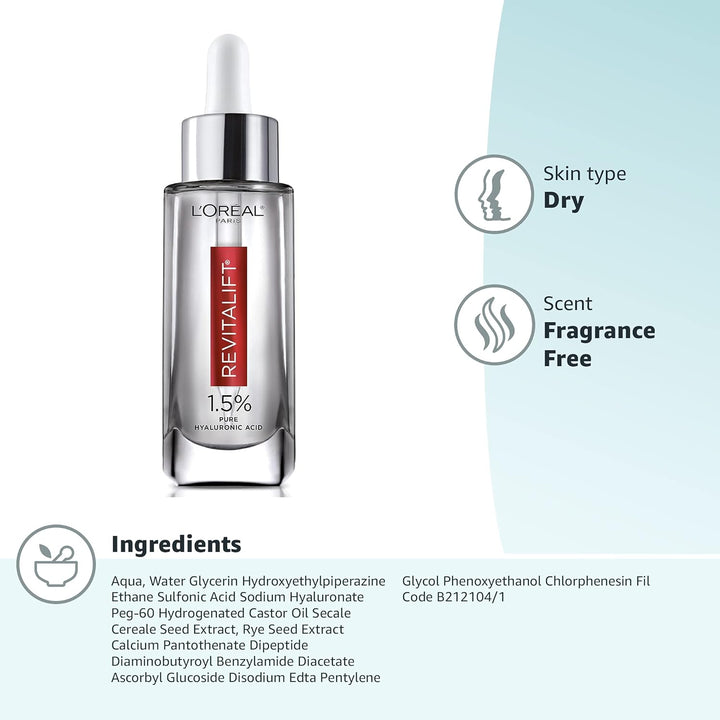 L'Oreal Paris Revitalift 1.5% Pure Hyaluronic Acid Face Serum, Hydrate & Reduce Wrinkles, Fragrance Free 1.7 Oz