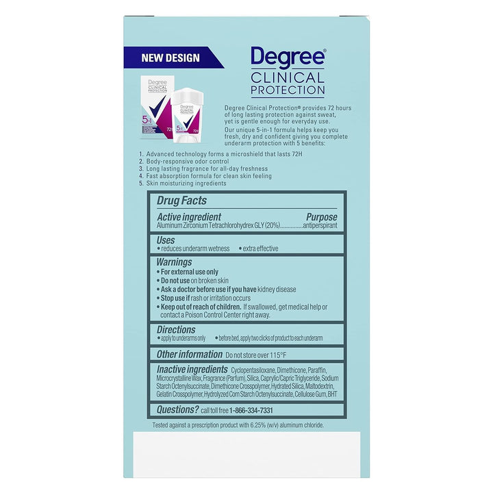 Degree Clinical Protection Antiperspirant Deodorant 72-Hour Sweat & Odor Protection 5-In-1 Antiperspirant for Women 1.7 Oz