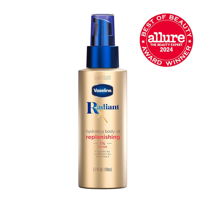 Vaseline Radiant X Replenishing and Hydrating Body Oil with 1% Lipids, Jojoba Oil, Coconut Oil, & Vitamin E 3.7 Oz