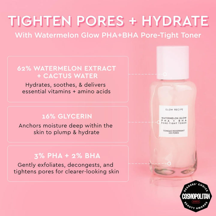 Glow Recipe PHA + BHA Face Toner - Korean Skin Care Pore Minimizer & Gentle Facial Exfoliator for Tightening, Hydrating & Exfoliating - Glycerin, Watermelon & Cactus Water (40Ml)