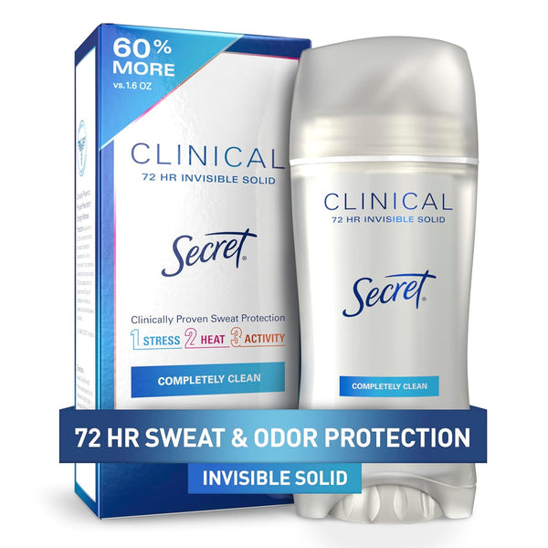 Secret Clinical Strength Antiperspirant Deodorant for Women, 3X Stress Protection, 72Hr Sweat & Odor Protection, PH Balancing Minerals, Invisible Solid, Completely Clean Scent, 2.6 Oz