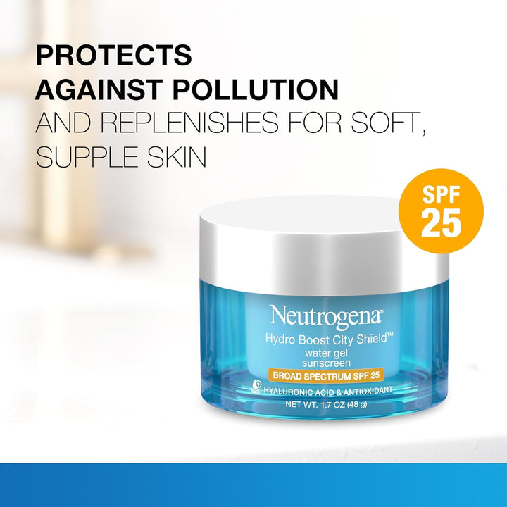 Neutrogena Hydro Boost City Shield Water Gel Face Moisturizer with Broad Spectrum SPF 25, Hydrating Facial Sunscreen with Hyaluronic Acid, Oil-Free and Non-Comedogenic Face Lotion, 1.7 Oz