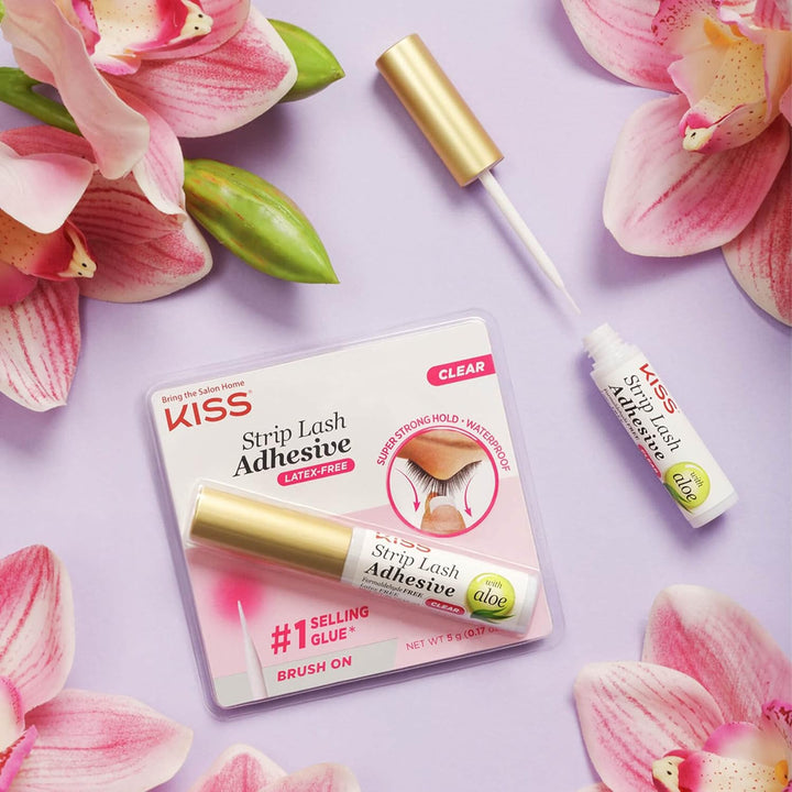 KISS Clear Strip Lash Adhesive with Aloe, Waterproof, Formaldehyde and Latex Free, Odor Free, Cruelty Free, Super Strong Hold Eyelash Glue with Brush Applicator, 0.17 Oz.