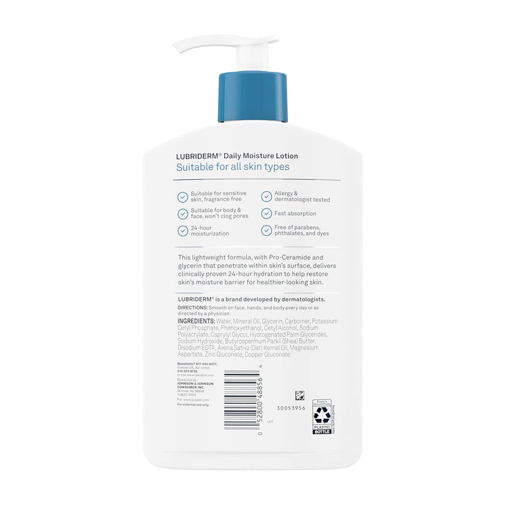 Lubriderm Fragrance Free Daily Moisture Lotion + Pro-Ceramide, Shea Butter & Glycerin, Face, Hand & Body Lotion for Sensitive Skin, Hydrating Lotion for Healthier-Looking Skin, 16 Fl. Oz