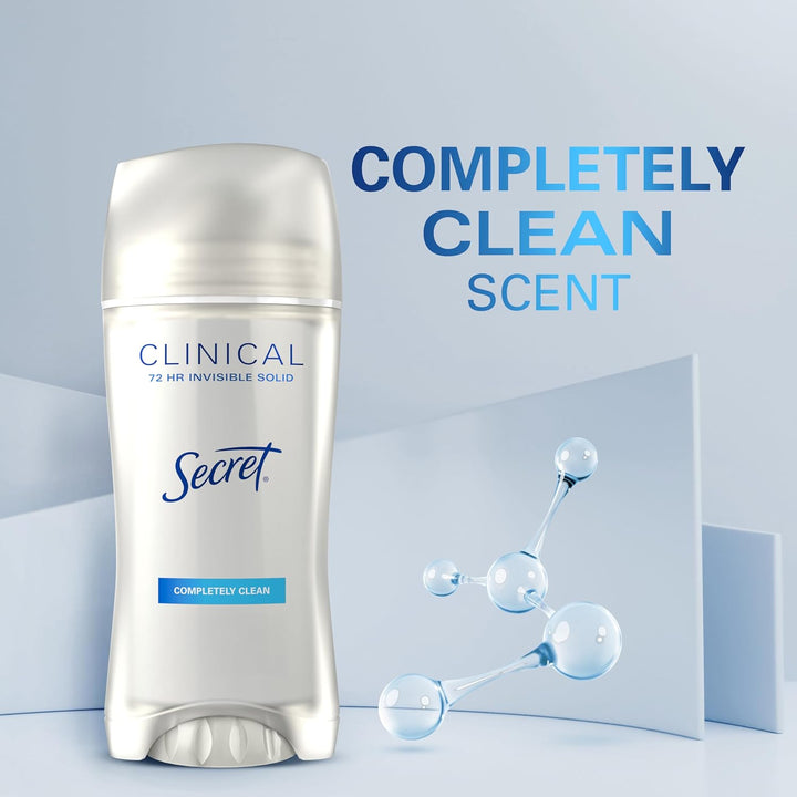 Secret Clinical Strength Antiperspirant Deodorant for Women, 3X Stress Protection, 72Hr Sweat & Odor Protection, PH Balancing Minerals, Invisible Solid, Completely Clean Scent, 2.6 Oz