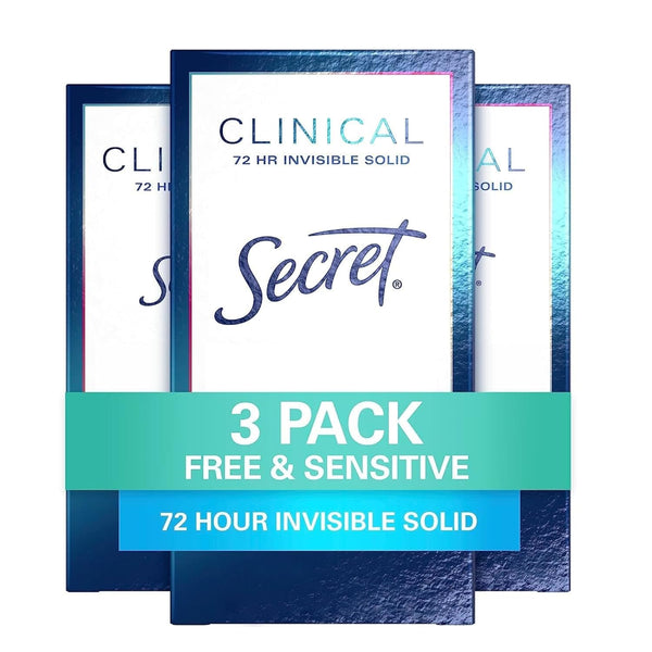 Secret Clinical Strength Antiperspirant Deodorant for Women, Free & Sensitive, 3X Stress Protection, 72Hr Sweat & Odor Protection, PH Balancing Minerals, Invisible Solid, Unscented, 1.6 Oz (Pack of 3)
