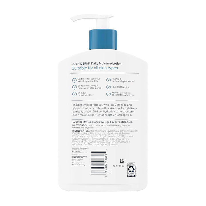 Lubriderm Fragrance Free Daily Moisture Lotion + Pro-Ceramide, Shea Butter & Glycerin, Face, Hand & Body Lotion for Sensitive Skin, Hydrating Lotion for Healthier-Looking Skin, 16 Fl. Oz