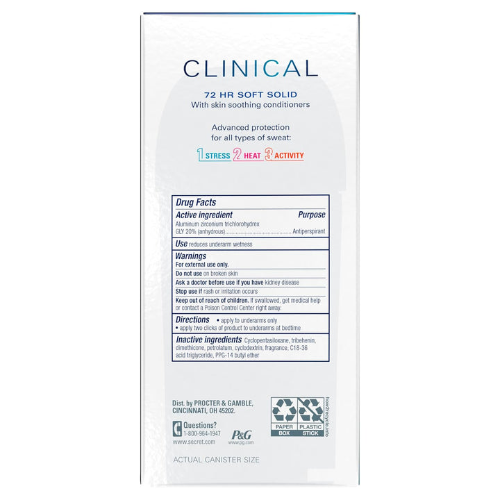 Secret Clinical Strength Antiperspirant Deodorant for Women, Free & Sensitive, 3X Stress Protection, 72Hr Sweat & Odor Protection, PH Balancing Minerals, Invisible Solid, Unscented, 1.6 Oz (Pack of 3)