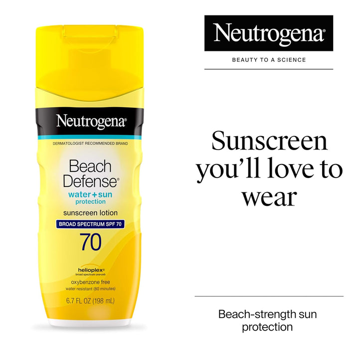 Neutrogena Sunscreen Lotion Beach Defense SPF 70, 6.7 Fl Oz, Face and Body Sunscreen, Oil Free, Fast Absorbing, Oxybenzone Free Sun Care