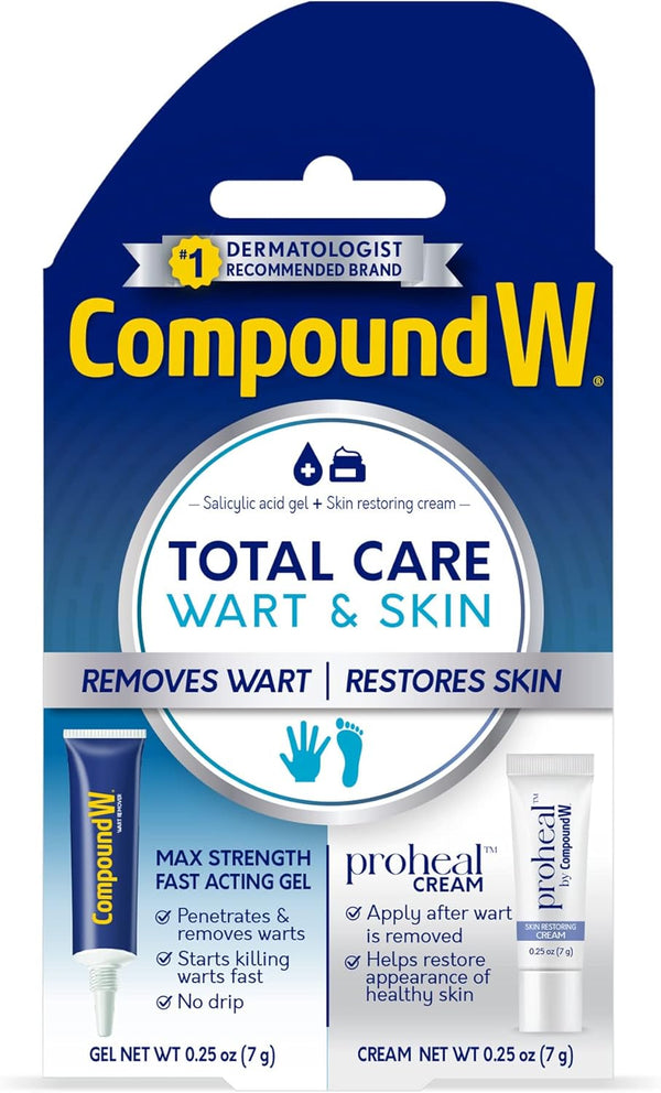Compound W Total Care Wart Remover with Proheal Cream for Skin - 0.25 Oz and Maximum Strength Fast Acting Salicylic Acid Gel - 0.25 Oz