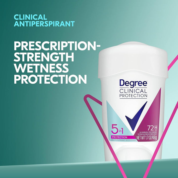 Degree Clinical Protection Antiperspirant Deodorant 72-Hour Sweat & Odor Protection 5-In-1 Antiperspirant for Women 1.7 Oz
