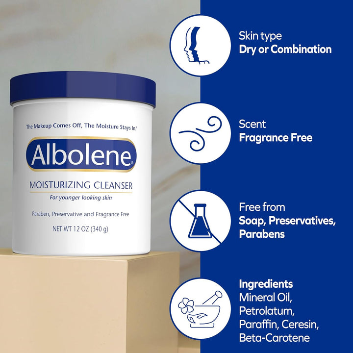 Albolene Face Moisturizer & Makeup Remover – Fragrance-Free Cleansing Balm with Beta-Carotene – Hydrating Facial Cleanser for Soft, Supple Skin, Gently Removes Makeup & Dirt, (12 Oz)