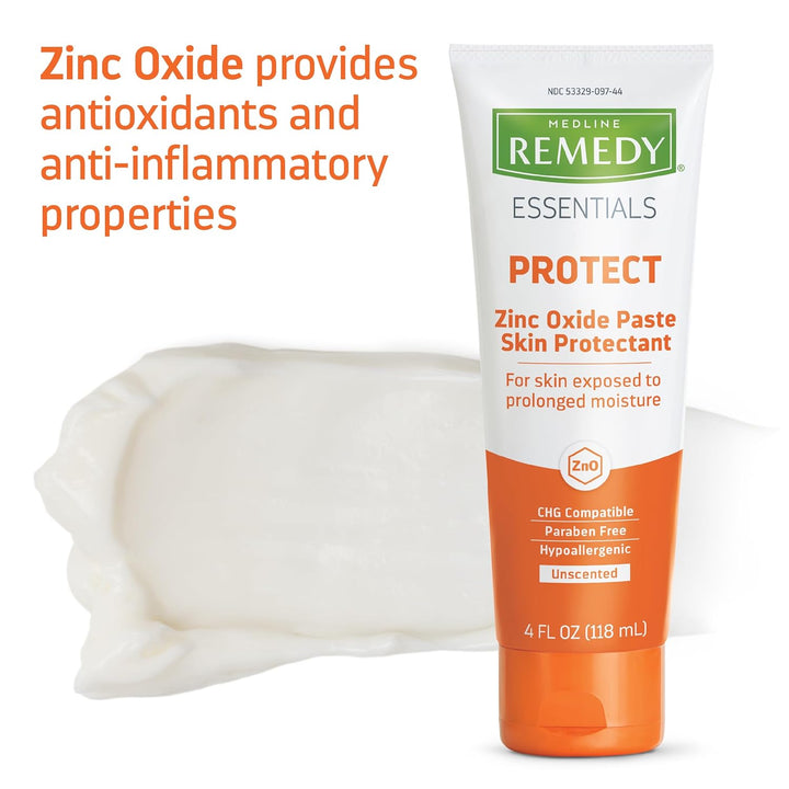 Medline Remedy Essentials Zinc Oxide Skin Protectant Paste (4 Oz Tube), Unscented, Barrier, Incontinence Cream, Diaper Rash, Adults, Elderly, Hypoallergenic, Paraben Free