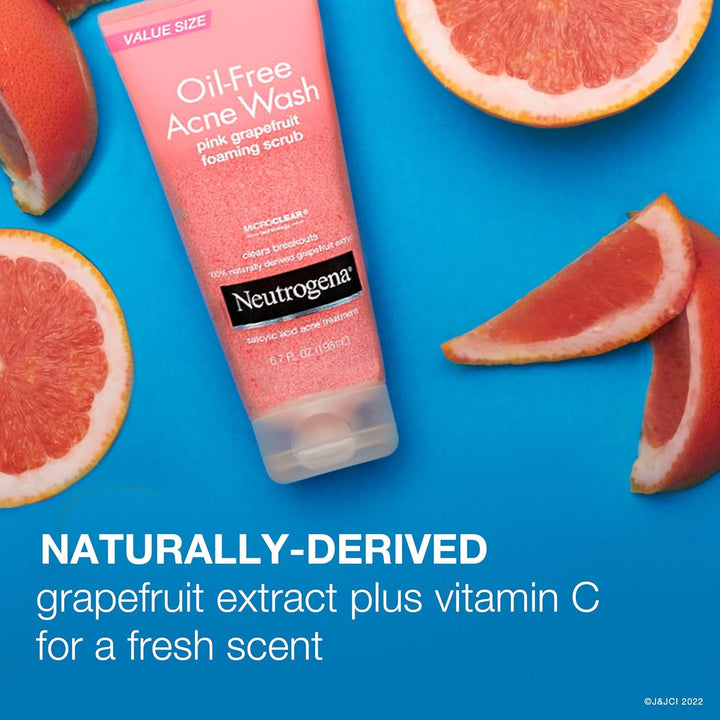 Neutrogena Oil Free Pink Grapefruit Acne Face Wash with Vitamin C, 2% Salicylic Acid Acne Treatment, Gentle Foaming Facial Scrub to Treat & Prevent Breakouts, 6.7 Fl. Oz, 3 Pack