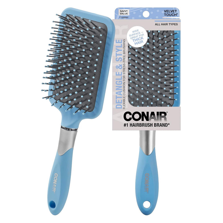 Conair Velvet Touch Paddle Cushion Hair Brush - Detangling Hairbrush - Curly or Straight Styles - Men or Women - Detangler - Features Soft Touch Handle - Sage Green
