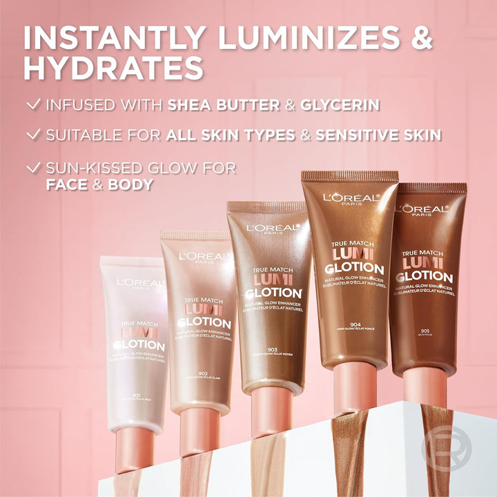 L'Oreal Paris Makeup True Match Lumi Glotion, Natural Glow Enhancer, Illuminator Highlighter, Bronzing Drops for a Sun-Kissed Glow, 904 Deep