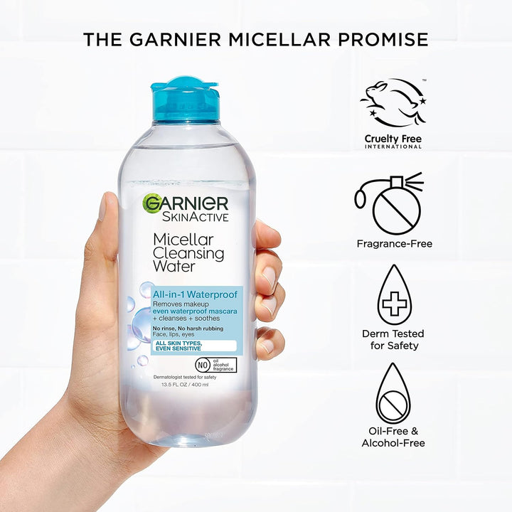 Garnier Micellar Water for Waterproof Makeup, Hydrating Facial Cleanser & Makeup Remover, Suitable for Sensitive Skin, Vegan, Cruelty Free, 13.5 Fl Oz (400Ml), 2 Count