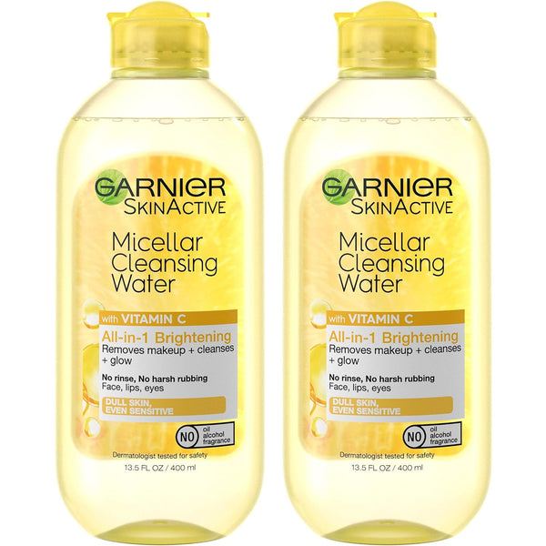 Garnier Micellar Water with Vitamin C, Facial Cleanser & Makeup Remover, Brightening & Hydrating, for All Skin Types, Vegan, Cruelty Free, 13.5 Fl Oz (400Ml), 2 Count