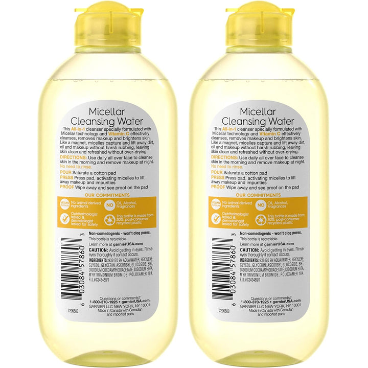 Garnier Micellar Water with Vitamin C, Facial Cleanser & Makeup Remover, Brightening & Hydrating, for All Skin Types, Vegan, Cruelty Free, 13.5 Fl Oz (400Ml), 2 Count