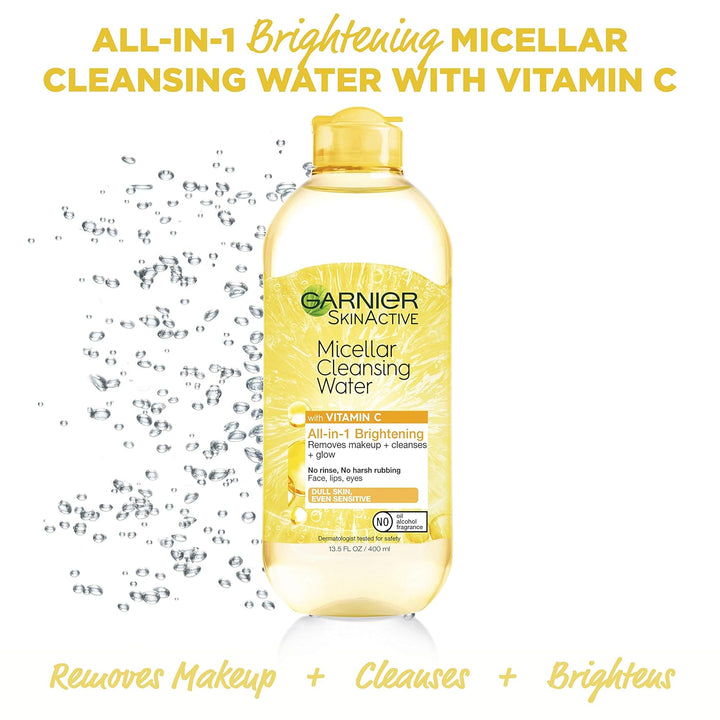 Garnier Micellar Water with Vitamin C, Facial Cleanser & Makeup Remover, Brightening & Hydrating, for All Skin Types, Vegan, Cruelty Free, 13.5 Fl Oz (400Ml), 2 Count