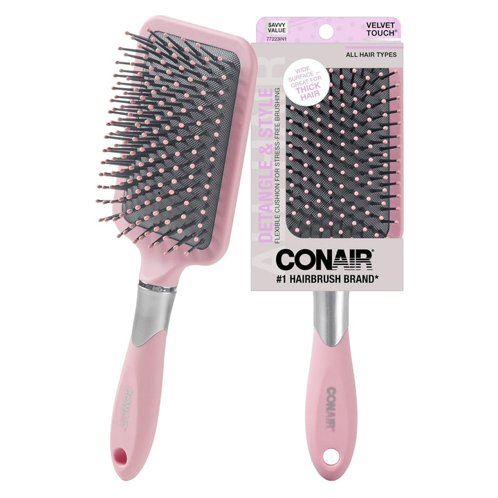 Conair Velvet Touch Paddle Cushion Hair Brush - Detangling Hairbrush - Curly or Straight Styles - Men or Women - Detangler - Features Soft Touch Handle - Sage Green