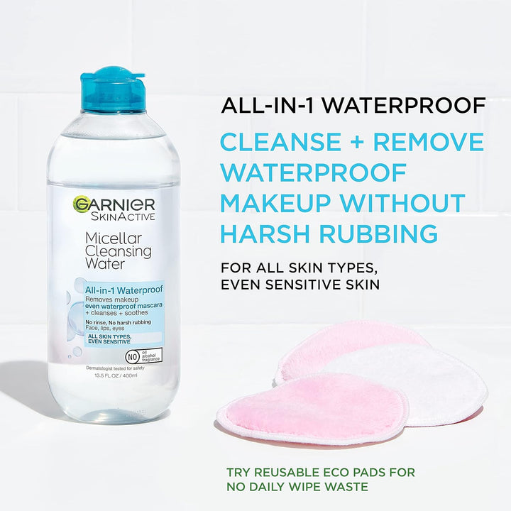 Garnier Micellar Water for Waterproof Makeup, Hydrating Facial Cleanser & Makeup Remover, Suitable for Sensitive Skin, Vegan, Cruelty Free, 13.5 Fl Oz (400Ml), 2 Count